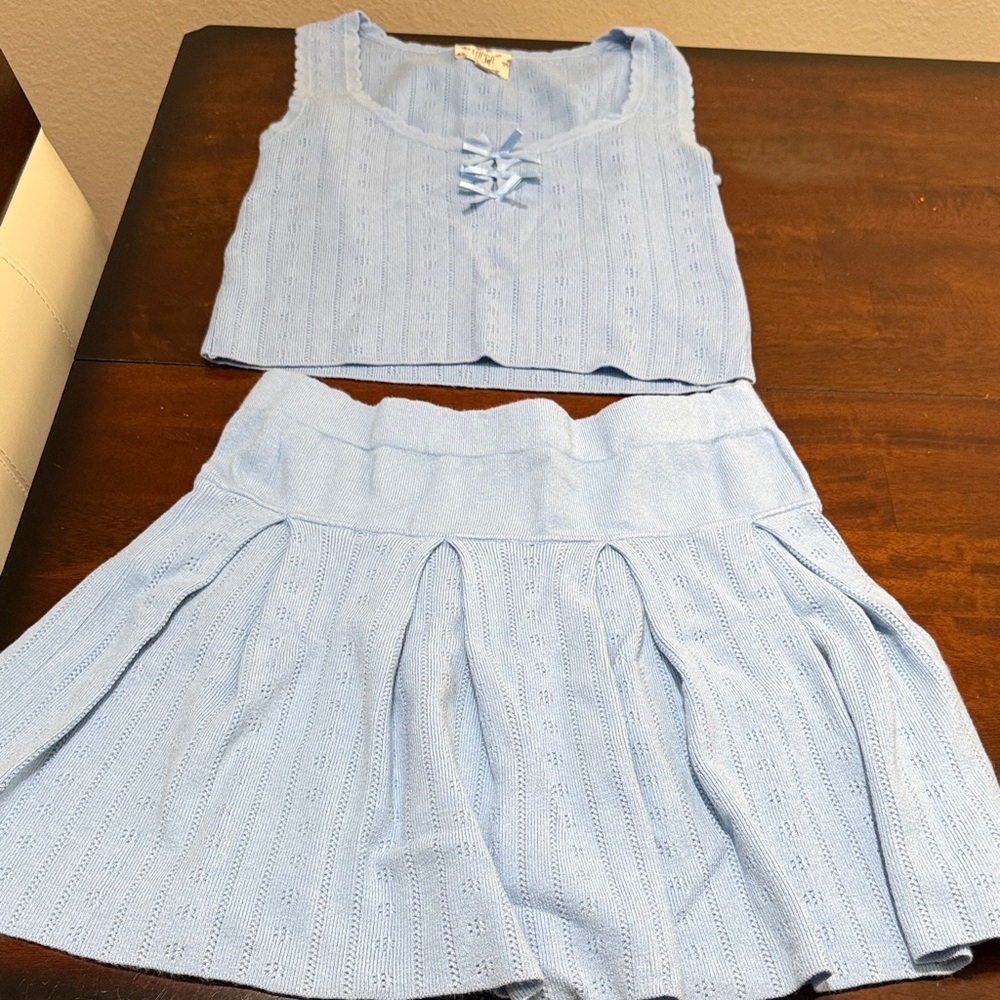 Hippie Rose Light Blue Knit Crop Tank and Pleated Skirt Set